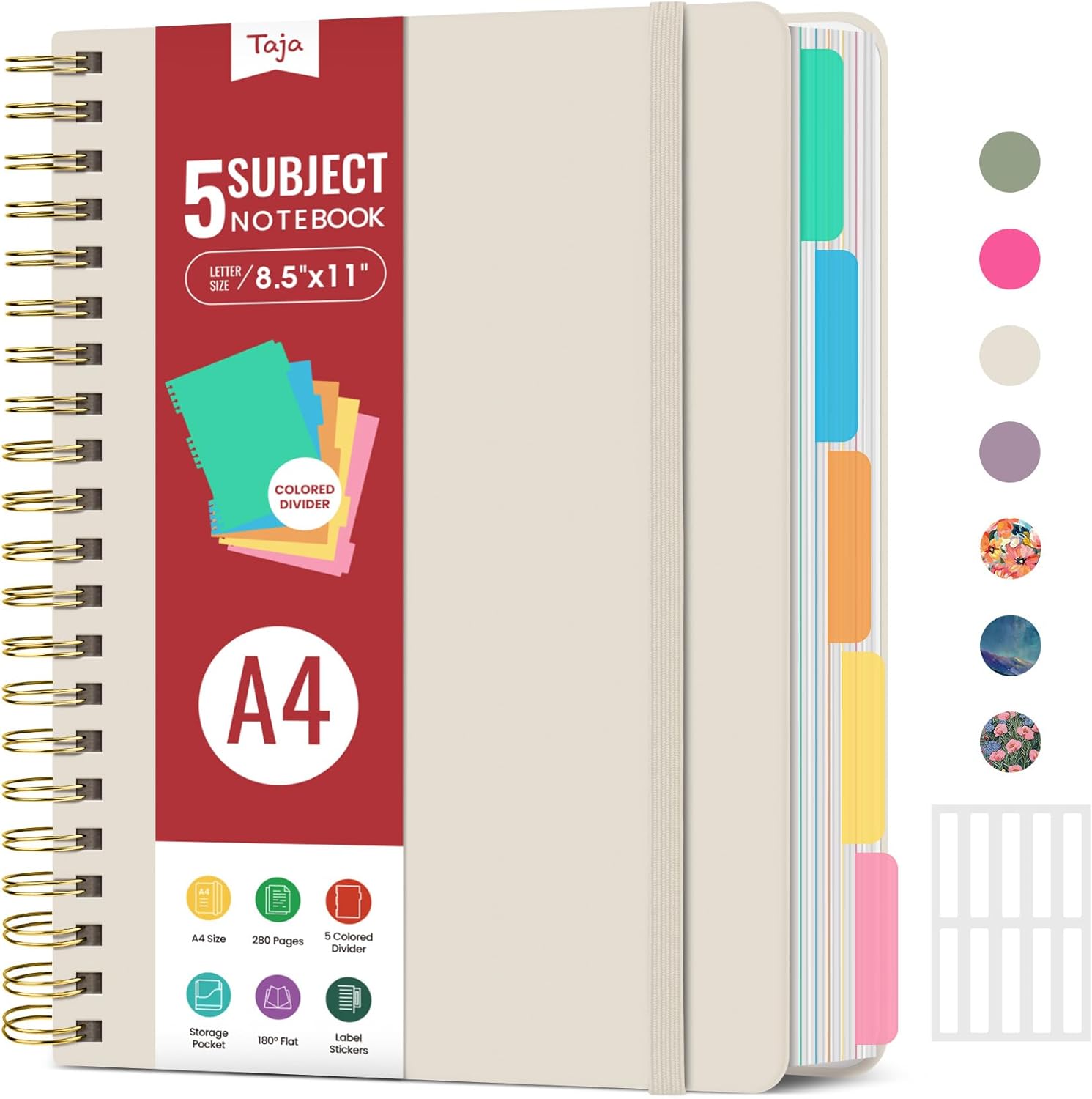 Hardcover Spiral Journal Notebooks for Work With Removable Dividers & Tabs, 8.5x11 5 Subject Notebook for Note Taking & Organizer, A4 College Ruled Lined Journal for Women & Writing, Grey Beige, 280 Pages